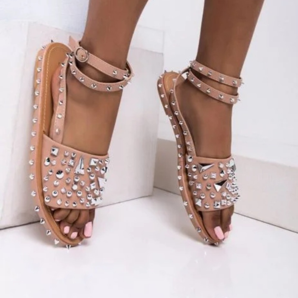 LEMONADE Nude All The Spikes Ankle Strap Sandal 8 NWT